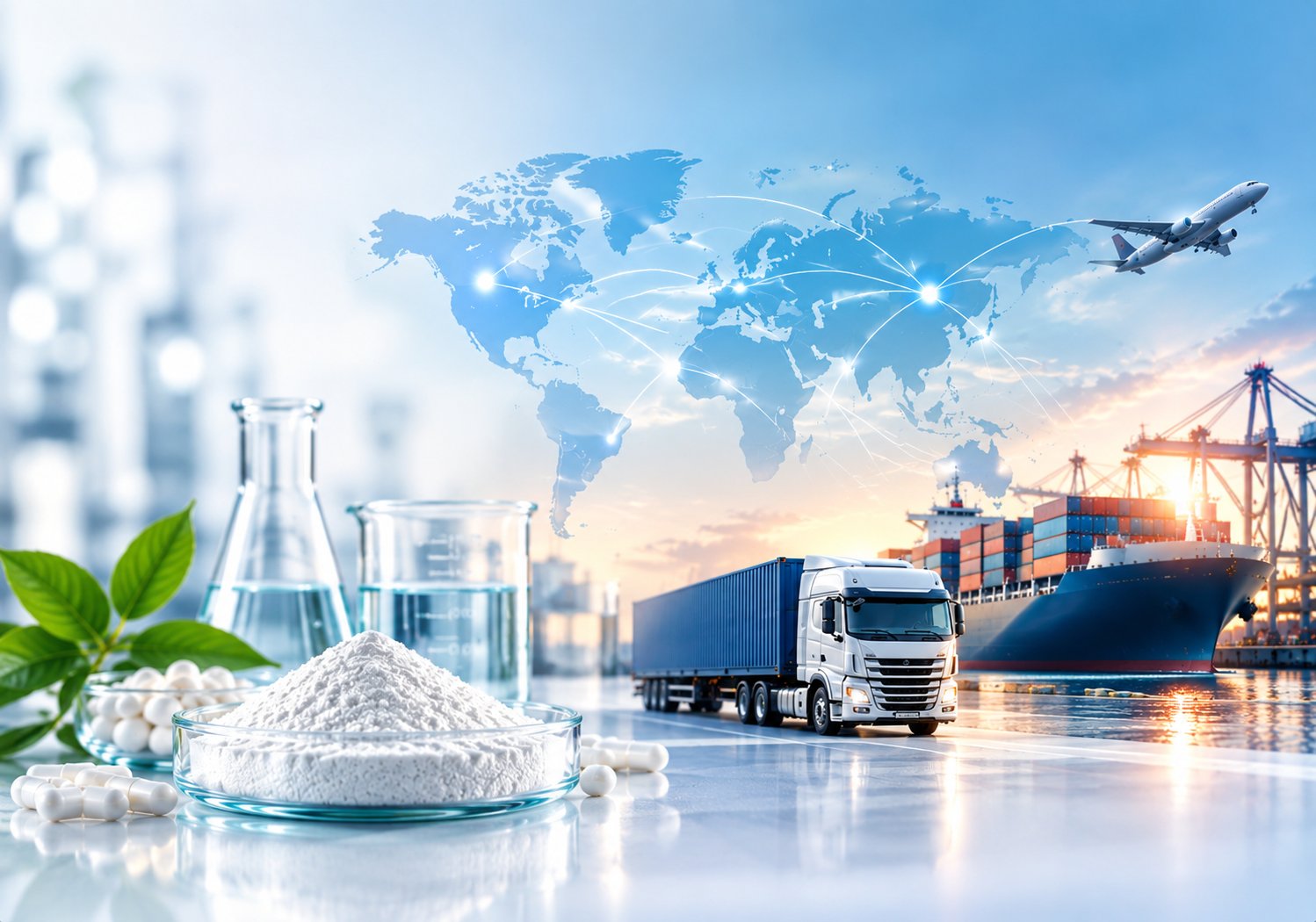 KP Pharma global supply chain: raw materials, quality testing and worldwide logistics by road, sea and air