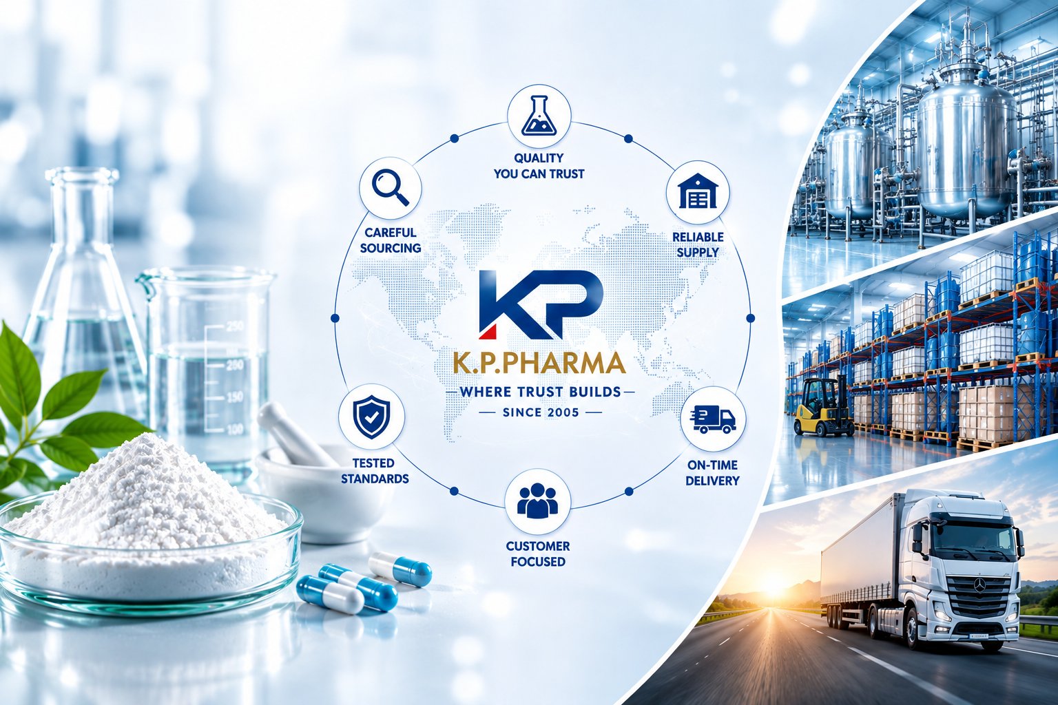 KP Pharma, Where Trust Builds: careful sourcing, quality you can trust, reliable supply, tested standards, customer focus and on-time delivery across pharmaceutical manufacturing, warehousing and logistics